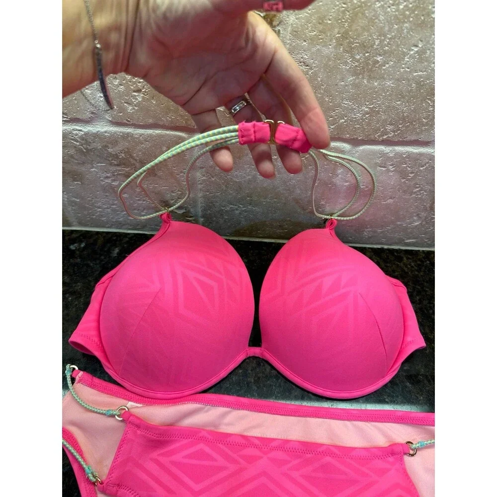 Victoria’s Secret Hot Pink Bikini Swim Set 36DD Top Size L Bottoms NWOT